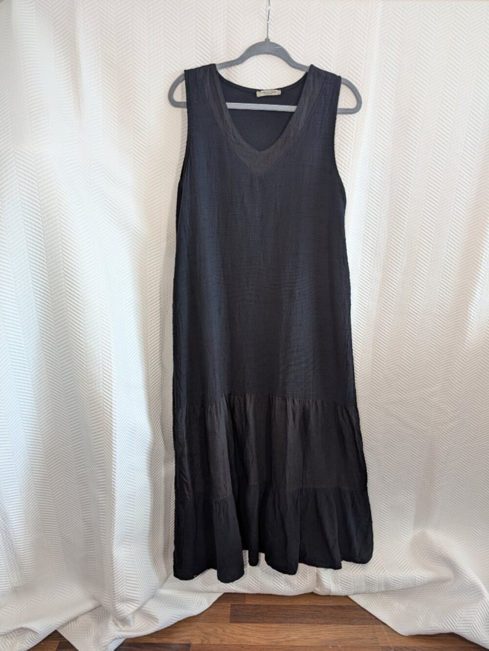Francesca Bettini 100% Linen V‑Neck Tiered Midi Dress Dark Navy Size Small Boho - Picture 1 of 12